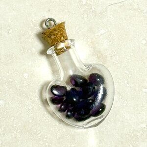 2/20$, Small Glass Heart Bottle Pendant + Tiny Genuine Amethyst Cabochons